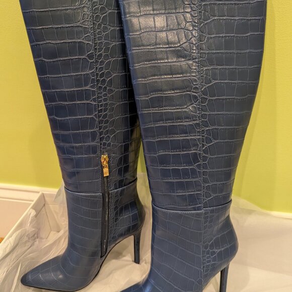 GUESS Faux Croc Leather Knee High Boots Cobalt Blue Sz6 - Picture 13 of 13